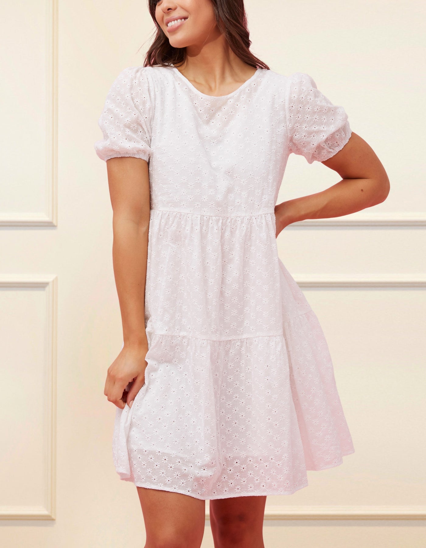 Sofia Dress Tiered Broderie Anglaise White - Just Stuf Store