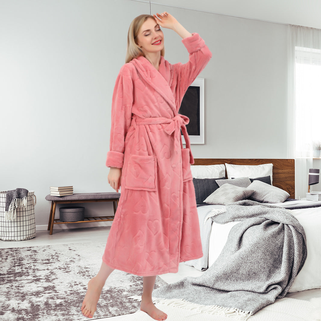 Women's Embossed Shaggy Fleece Robe Warm Plush Long Bathrobe for Women shawl collar nightgown