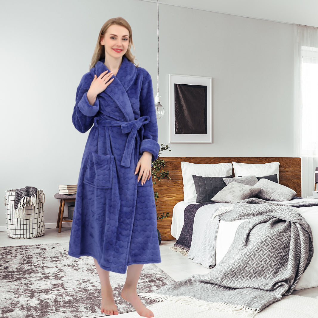 Women's Embossed Shaggy Fleece Robe Warm Plush Long Bathrobe for Women shawl collar nightgown