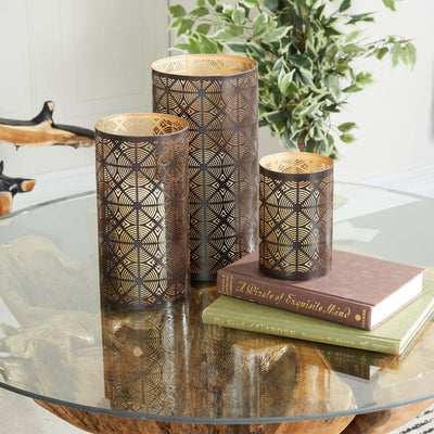 DecMode 3 Holder Dark Brown Metal Geometric Decorative Candle Lantern, Set of 3 - Just Stuf Store