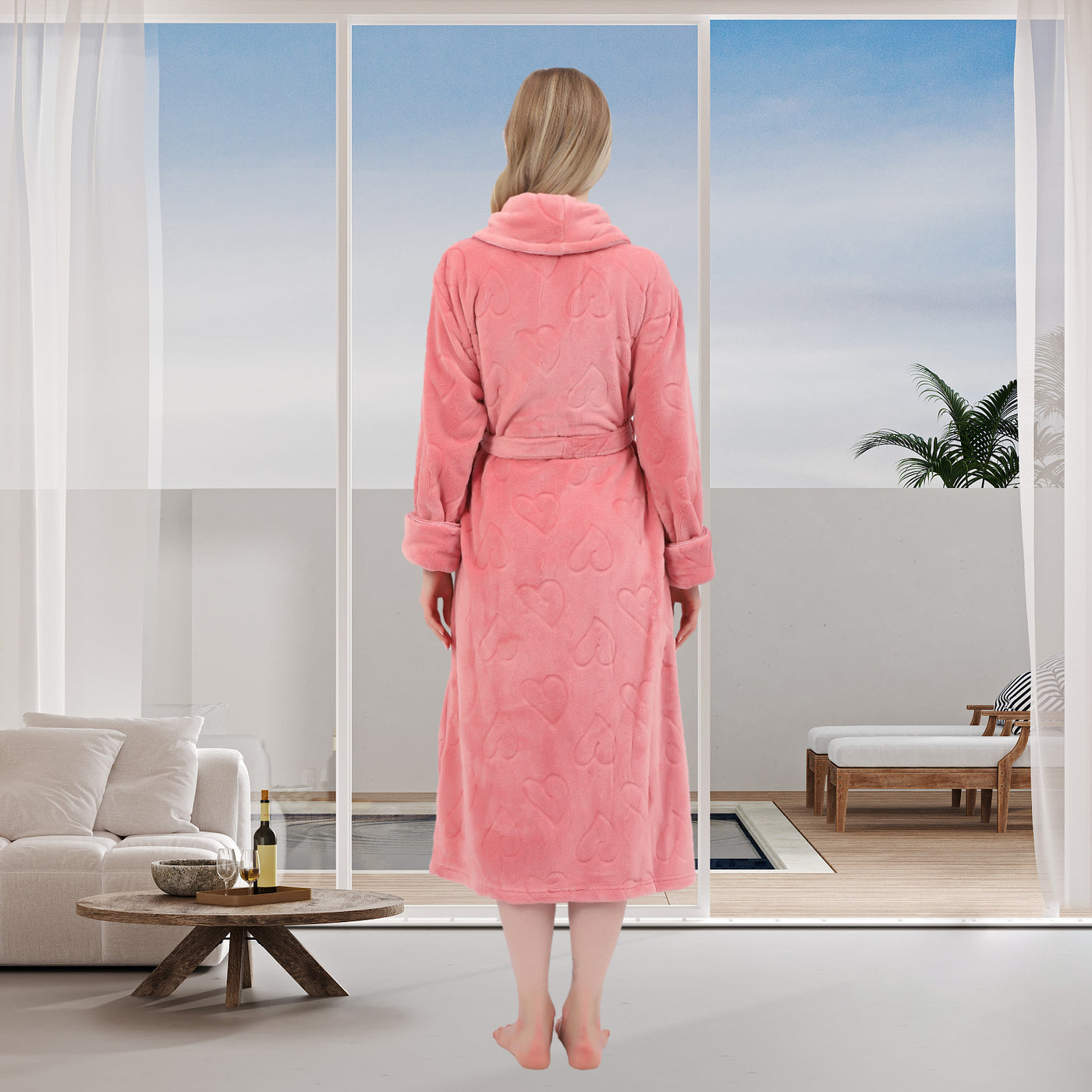 Women's Embossed Shaggy Fleece Robe Warm Plush Long Bathrobe for Women shawl collar nightgown