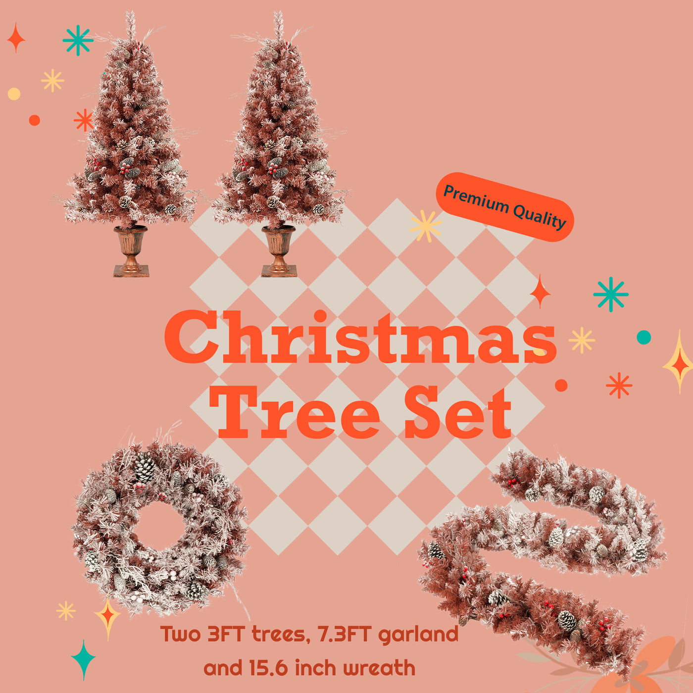 GO 4-Pieces Set Artificial Christmas Tree, Brown Needles with flocking, with Warm Lights, pine cones and berries, Artificial Tree for door and fireplace - Just Stuf Store