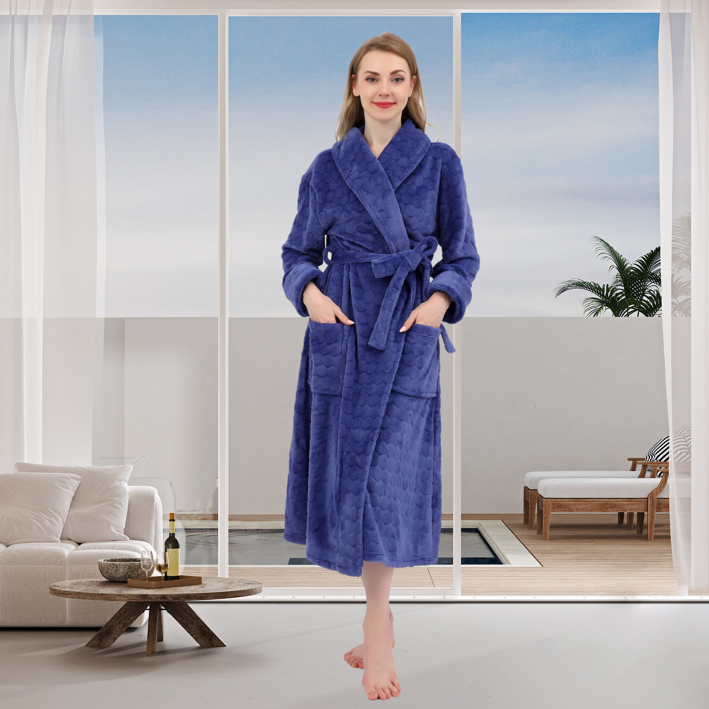 Women's Embossed Shaggy Fleece Robe Warm Plush Long Bathrobe for Women shawl collar nightgown