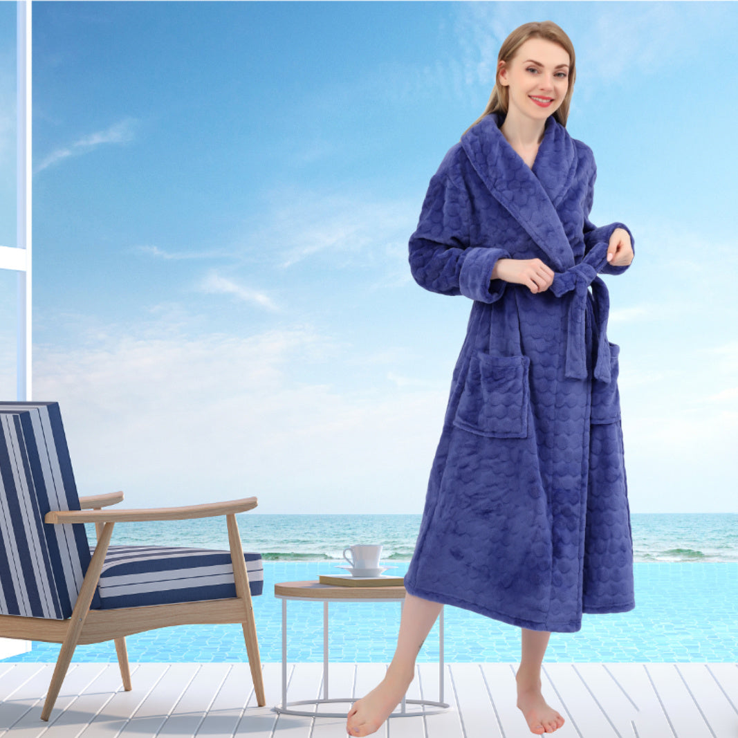 Women's Embossed Shaggy Fleece Robe Warm Plush Long Bathrobe for Women shawl collar nightgown