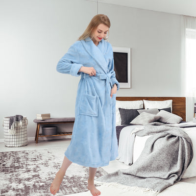 Women's Embossed Shaggy Fleece Robe Warm Plush Long Bathrobe for Women shawl collar nightgown