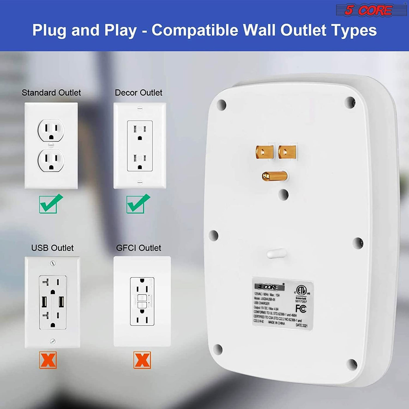 6 Outlet Wall Plug Extender with 4 USB Ports (4.8A Total); Multi Plug Outlet Adapter Wall Surge Protector 15A Electrical Outlet Expander with USB Ports 5 Core WMS 6S 4USB - Just Stuf Store