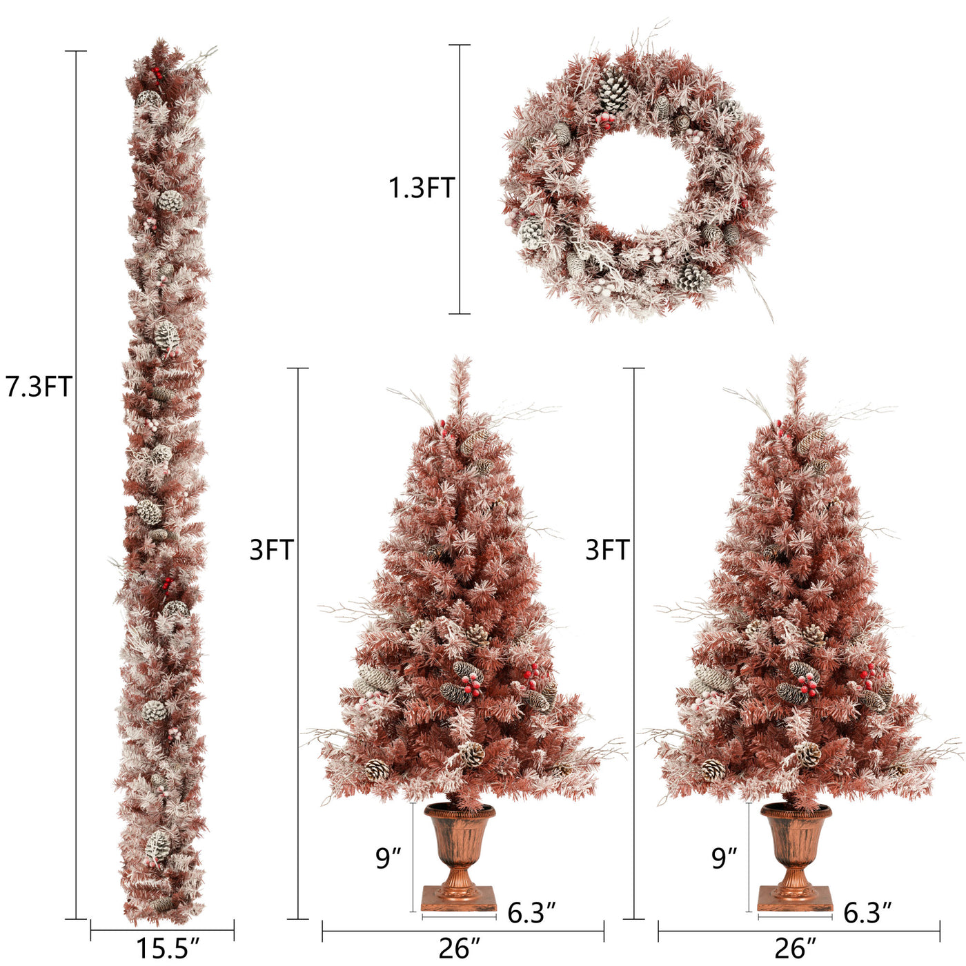 GO 4-Pieces Set Artificial Christmas Tree, Brown Needles with flocking, with Warm Lights, pine cones and berries, Artificial Tree for door and fireplace - Just Stuf Store