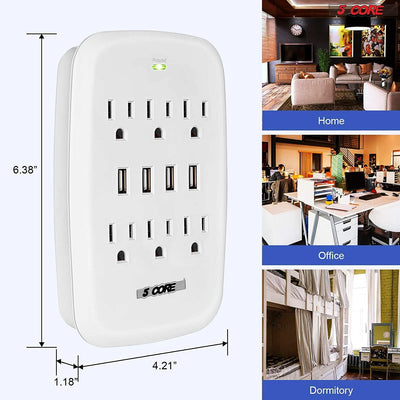 6 Outlet Wall Plug Extender with 4 USB Ports (4.8A Total); Multi Plug Outlet Adapter Wall Surge Protector 15A Electrical Outlet Expander with USB Ports 5 Core WMS 6S 4USB - Just Stuf Store