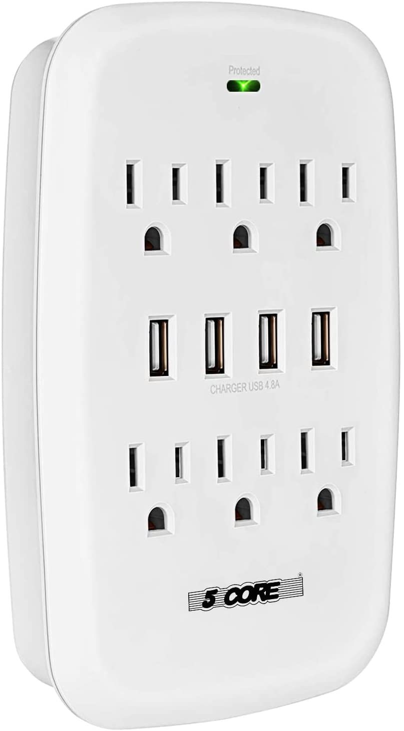 6 Outlet Wall Plug Extender with 4 USB Ports (4.8A Total); Multi Plug Outlet Adapter Wall Surge Protector 15A Electrical Outlet Expander with USB Ports 5 Core WMS 6S 4USB - Just Stuf Store