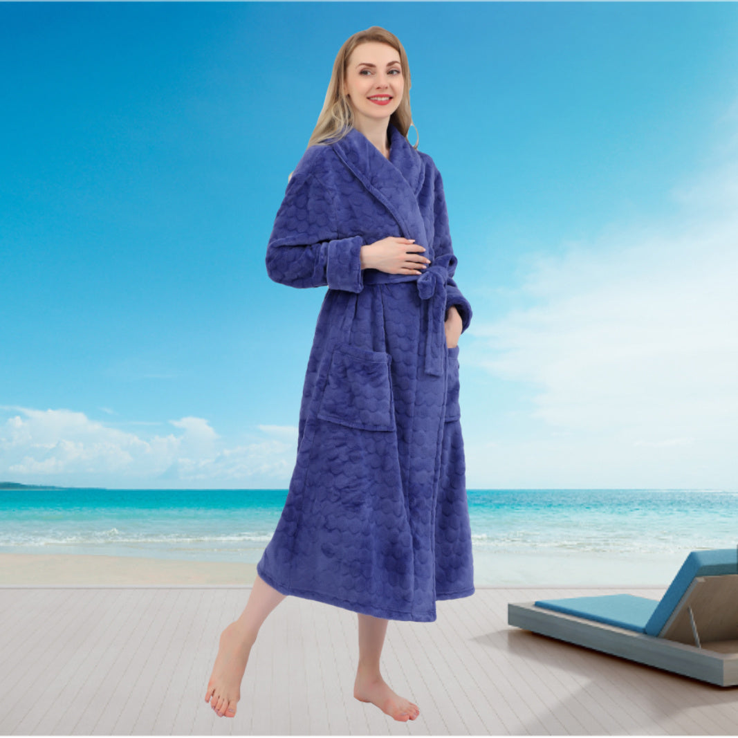 Women's Embossed Shaggy Fleece Robe Warm Plush Long Bathrobe for Women shawl collar nightgown