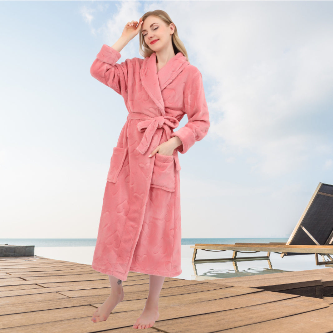 Women's Embossed Shaggy Fleece Robe Warm Plush Long Bathrobe for Women shawl collar nightgown