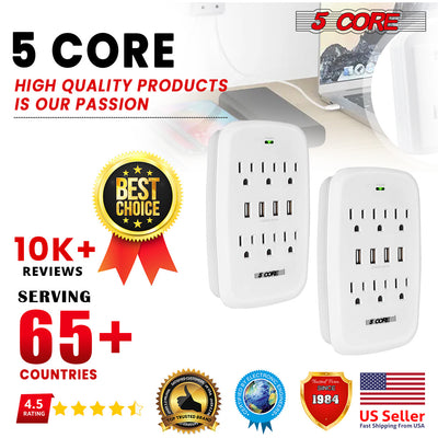 6 Outlet Wall Plug Extender with 4 USB Ports (4.8A Total); Multi Plug Outlet Adapter Wall Surge Protector 15A Electrical Outlet Expander with USB Ports 5 Core WMS 6S 4USB - Just Stuf Store