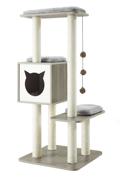 Elegant Wooden Modern Cat Tree Cat Condo Multi-Level Towers Cat Activity Tower with Scratching Posts, with Removable and Washable Mats (High Tower) - Just Stuf Store