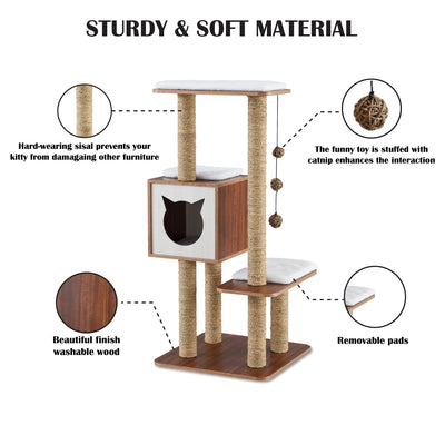 Elegant Wooden Modern Cat Tree Cat Condo Multi-Level Towers Cat Activity Tower with Scratching Posts, with Removable and Washable Mats (High Tower) - Just Stuf Store