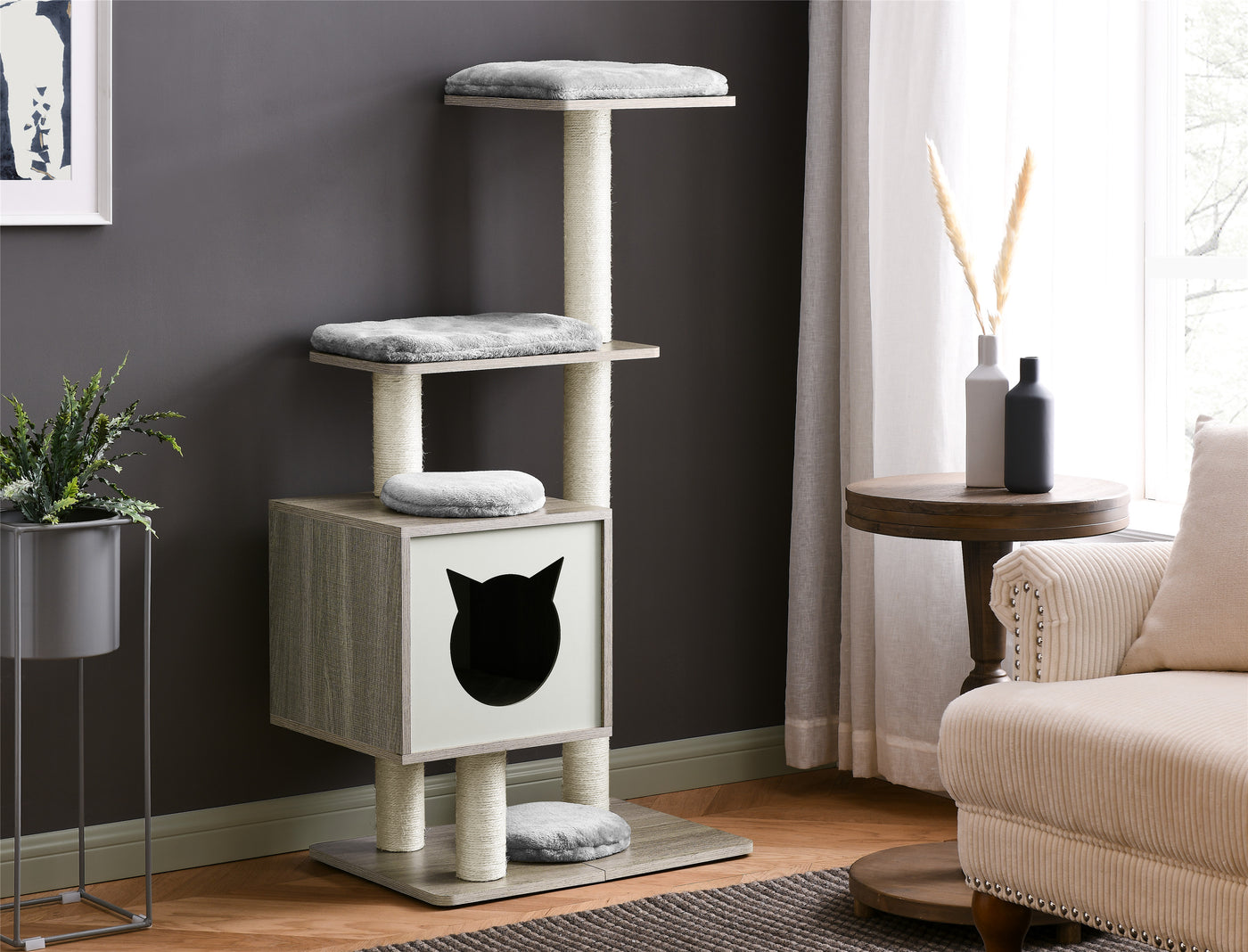 Elegant Wooden Modern Cat Tree Cat Condo Multi-Level Towers Cat Activity Tower with Scratching Posts, with Removable and Washable Mats (High Tower) - Just Stuf Store