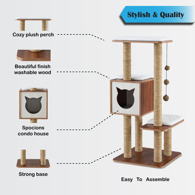 Elegant Wooden Modern Cat Tree Cat Condo Multi-Level Towers Cat Activity Tower with Scratching Posts, with Removable and Washable Mats (High Tower) - Just Stuf Store