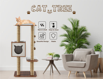 Elegant Wooden Modern Cat Tree Cat Condo Multi-Level Towers Cat Activity Tower with Scratching Posts, with Removable and Washable Mats (High Tower) - Just Stuf Store